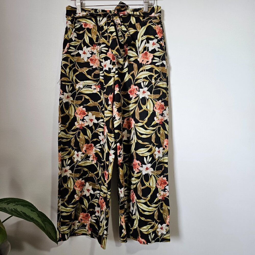 EUC KENSIE FLORAL TROPICAL WIDE LEG PANTS BELTED ELASTIC WAIST SIZE SMALL